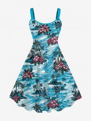 Robe Bretelle Feuille Arbre Noix de Coco et Fleur Imprimés de Grande Taille - Bleu clair 6X