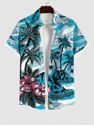 Chemise Imprimé Cocotier et Feuille Floral à Boutons Grande Taille avec Poche - Bleu clair S