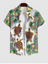 Chemise avec Poches Fleur Feuille de Palmier et Tortue Imprimées de Grande Taille avec Boutons - Vert 2XL