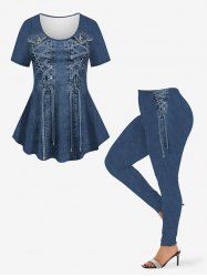 Lace Up Button Pocket Denim 3D Print T-shirt and Leggings Plus Size Matching Set -  