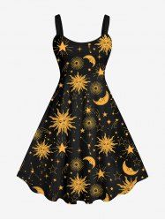 Plus Size Sun Moon Stars Galaxy Print Vintage Backless A Line Tank Dress -  