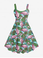 Robe Ligne A Flamant Feuille et Noix de Coco Imprimés sans Dos de Grande Taille - Vert L