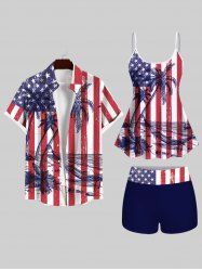 American Flag Coconut Tree Sea Print Boyleg Tankini Swimsuit and Shirt Plus Size Matching Set For Couples -  