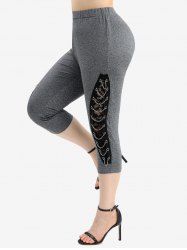Plus Size Floral Lace Patchwork Lace-up Side Heathered Capri Leggings -  