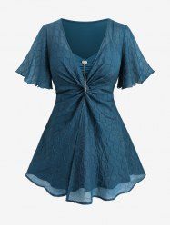 Plus Size Twist Ruffles Ruched Heart Buckle Chiffon Embossed Glitter Textured Blouse -  