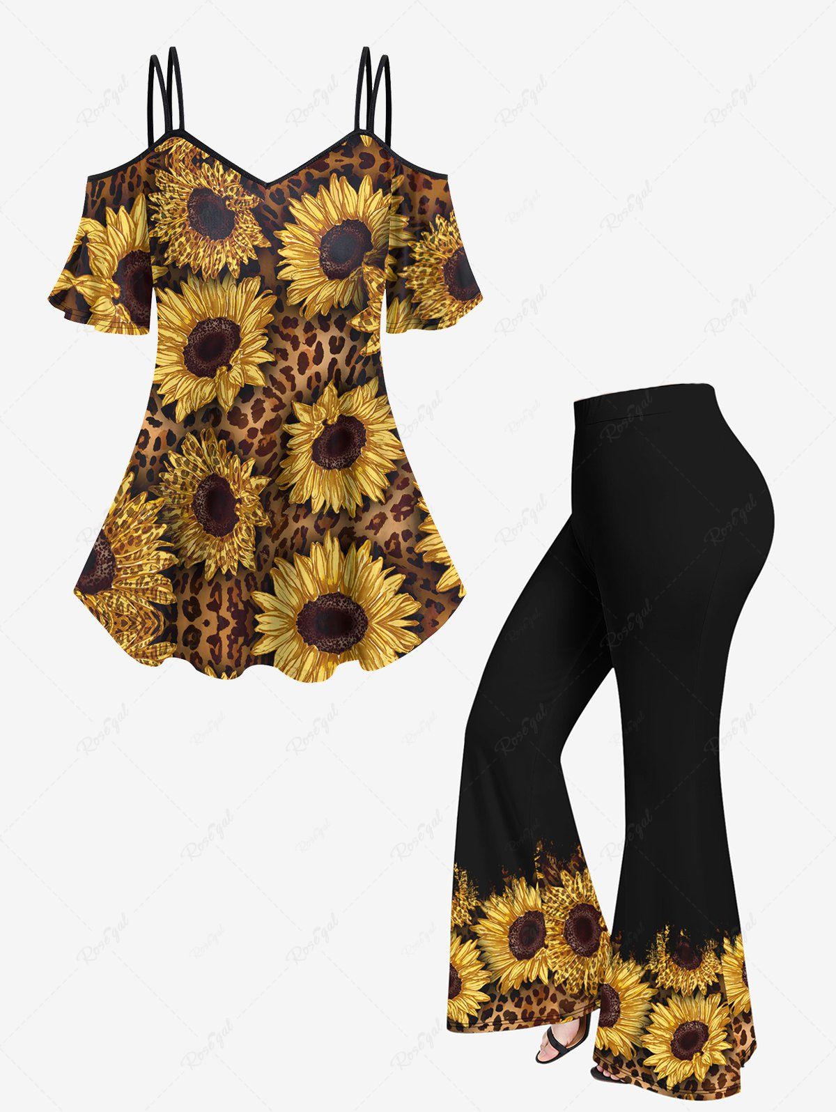 Ensemble de T-shirt Léopard et de Pantalon Evasé à Epaule Dénudée de Grande Taille café 