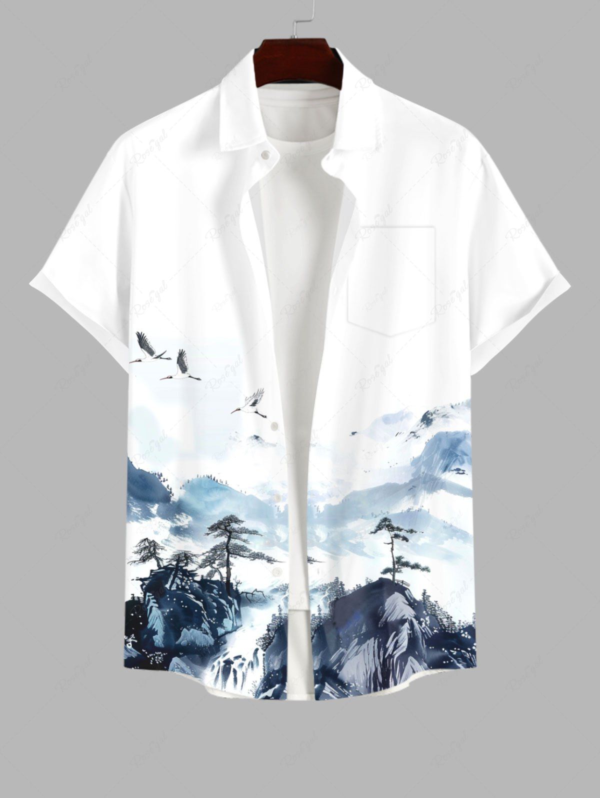 Chemise à boutons et poches pour homme, motif grue de montagne et pin, avec imprimé peinture à l'encre Multi-A M