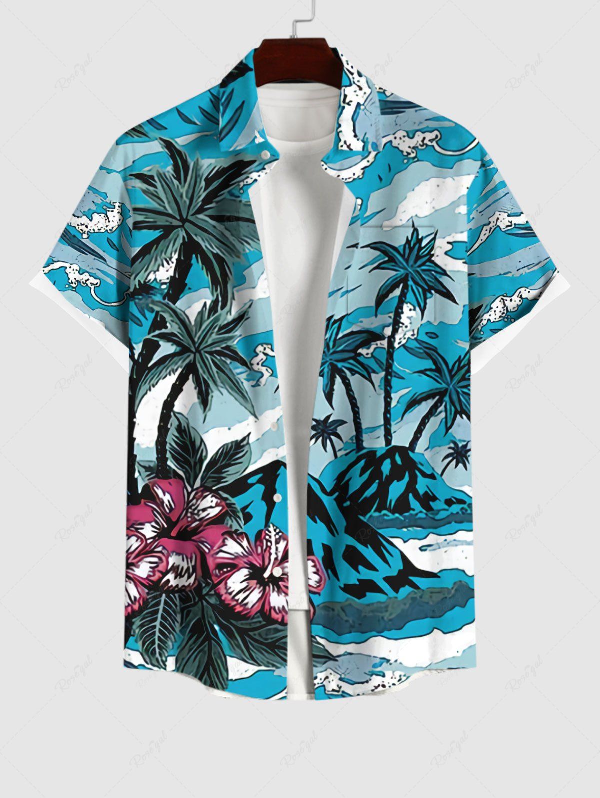 Chemise Imprimé Cocotier et Feuille Floral à Boutons Grande Taille avec Poche Bleu clair S