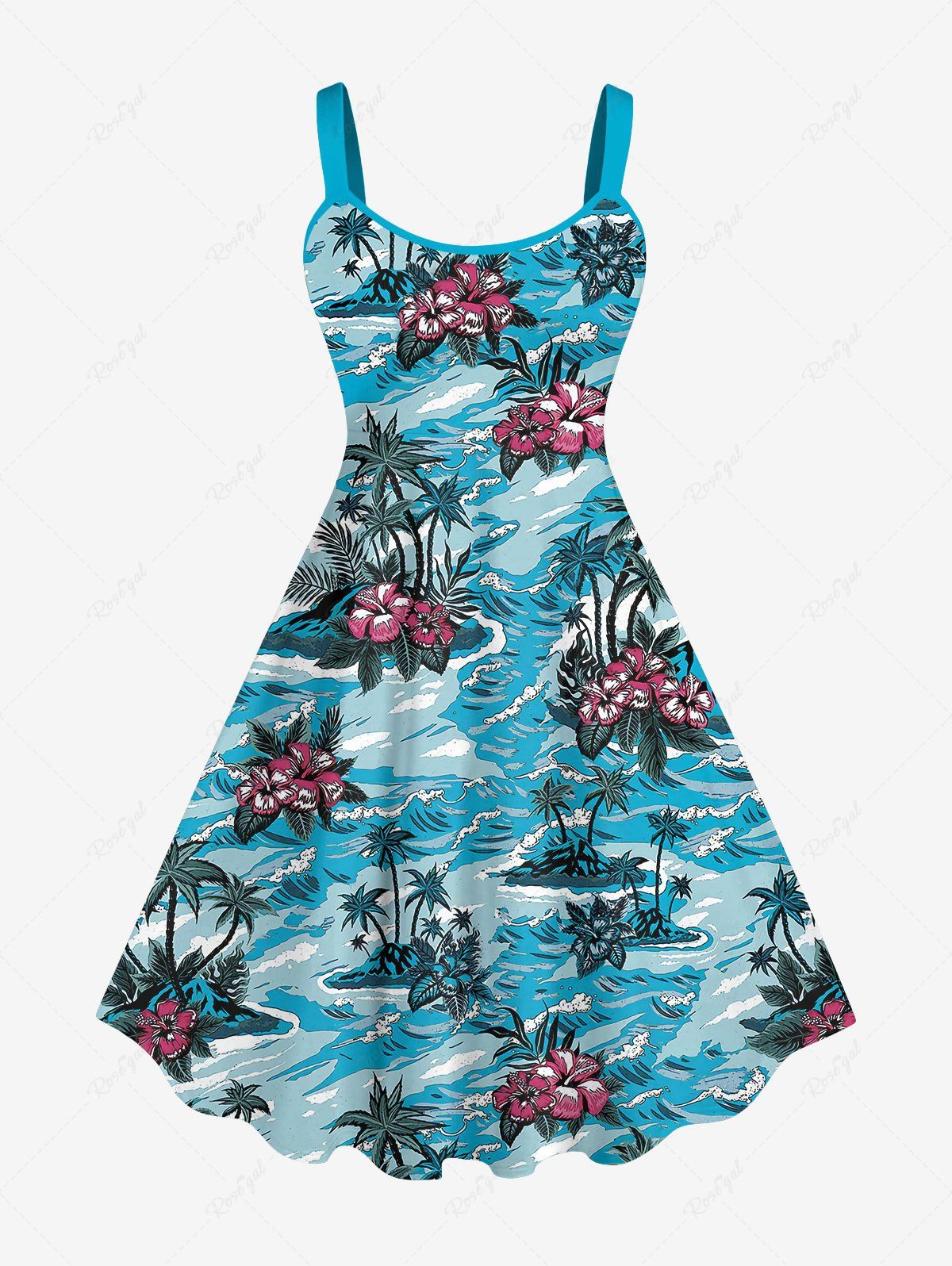 Robe Bretelle Feuille Arbre Noix de Coco et Fleur Imprimés de Grande Taille Bleu clair 6X