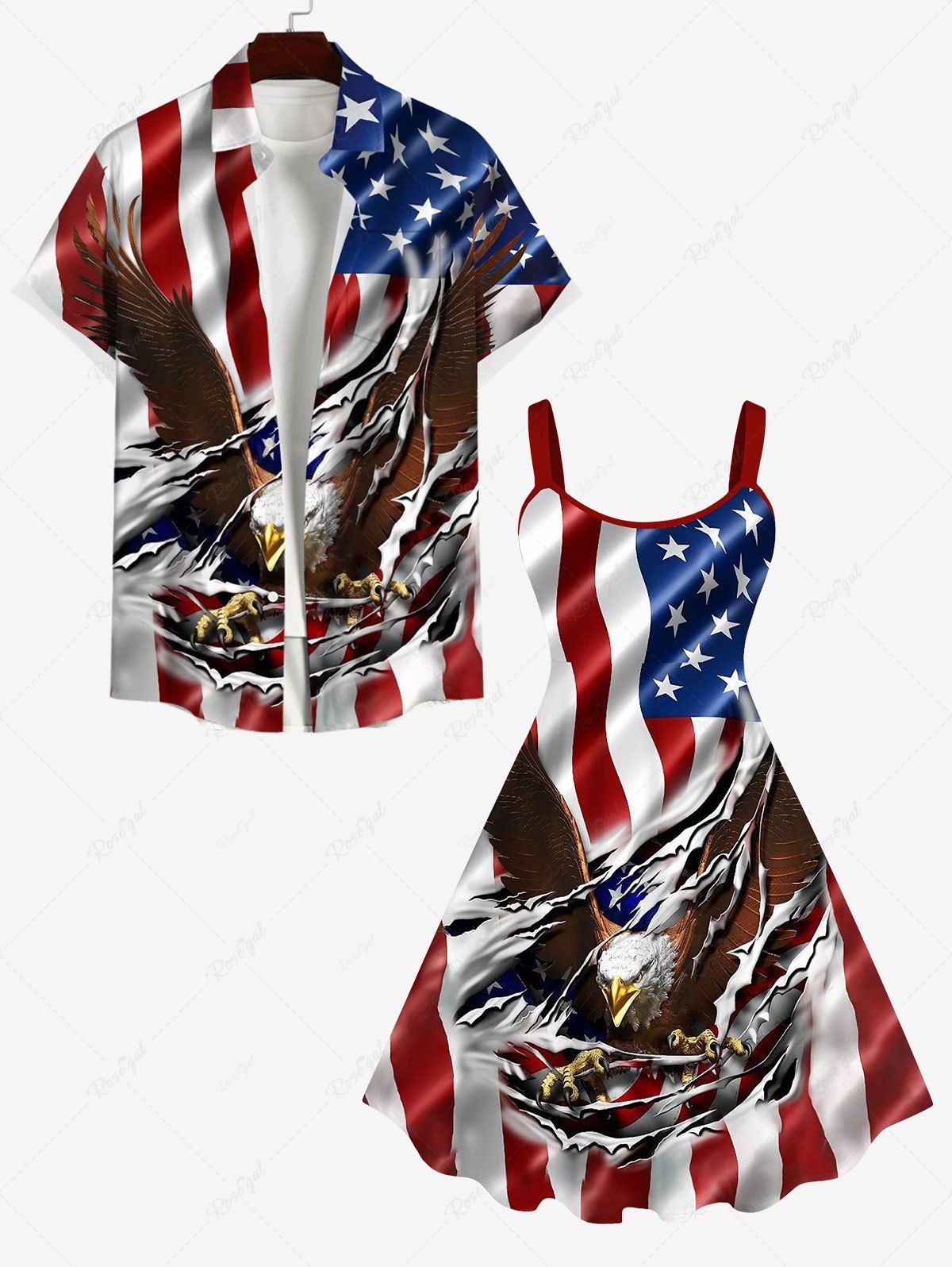 Outfit Patriotic American Flag Eagle Ripped Glitter 3D Print Plus Size Matching Outfit For Couples  