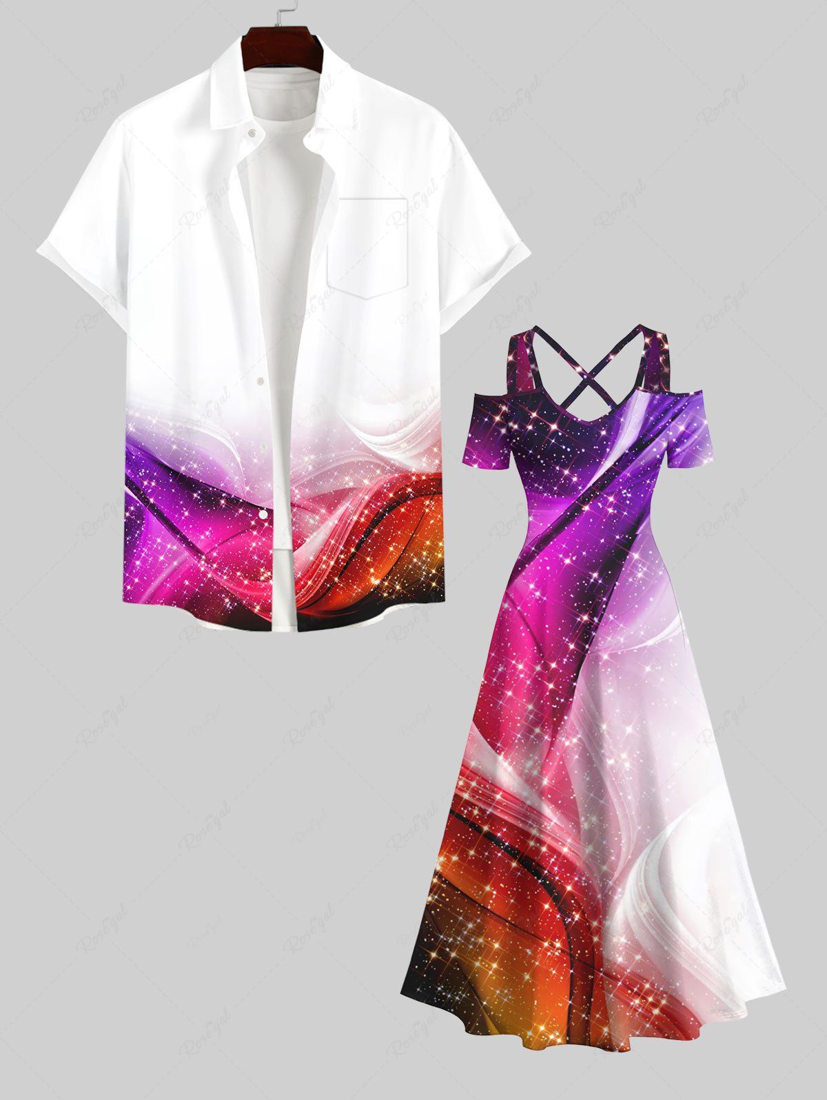 Online Colorful Glitter Ombre Light Beam Print Plus Size Matching Set For Couples  