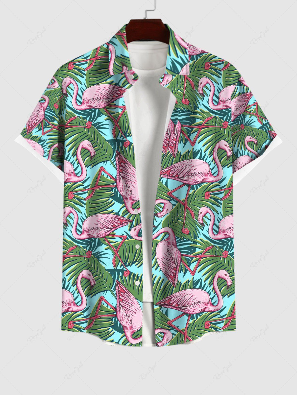Trendy Plus Size Flamingo Coconut Leaves Print Hawaii Button Pocket Shirt For Men  