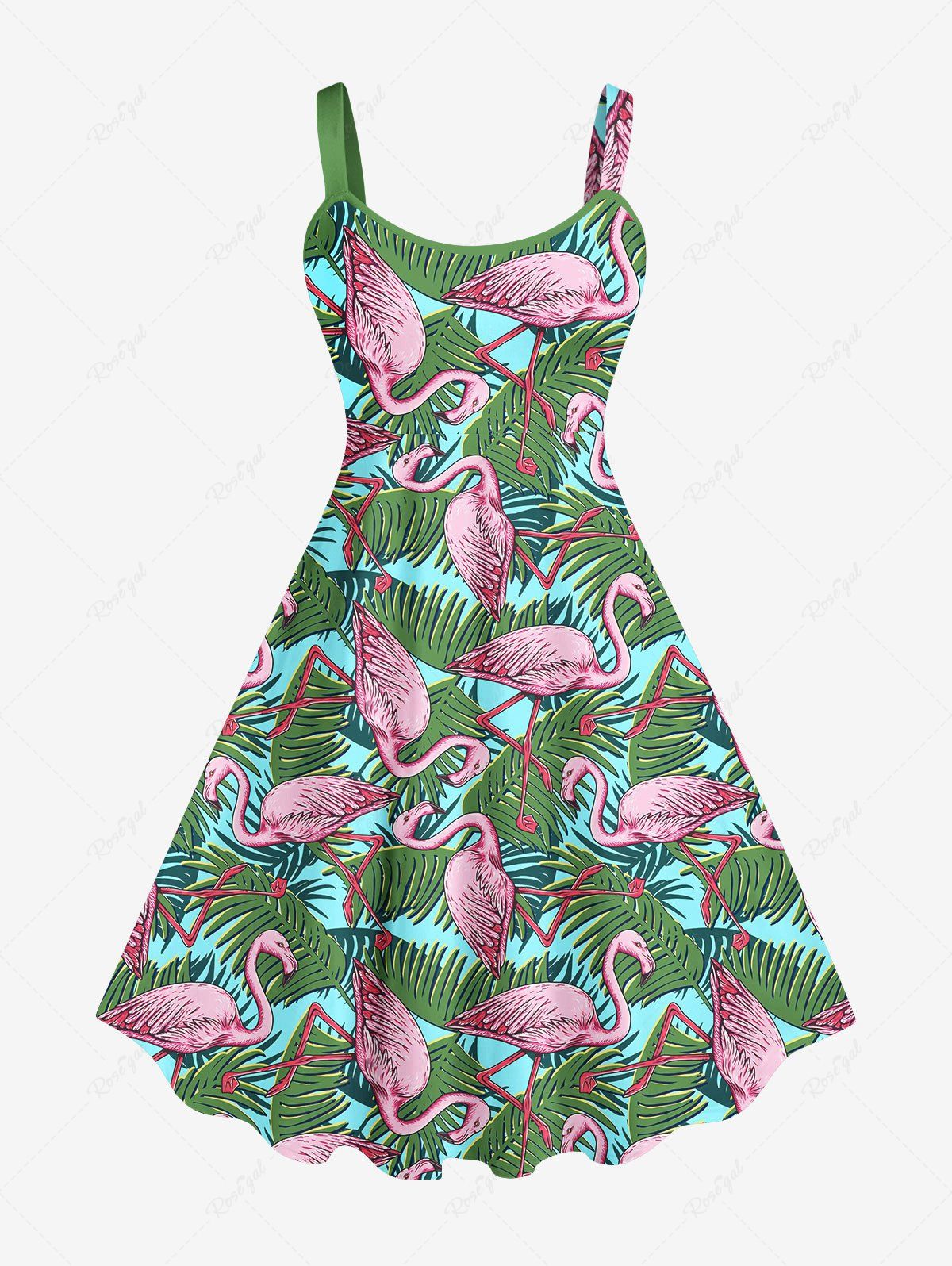 Robe Ligne A Flamant Feuille et Noix de Coco Imprimés sans Dos de Grande Taille Vert L