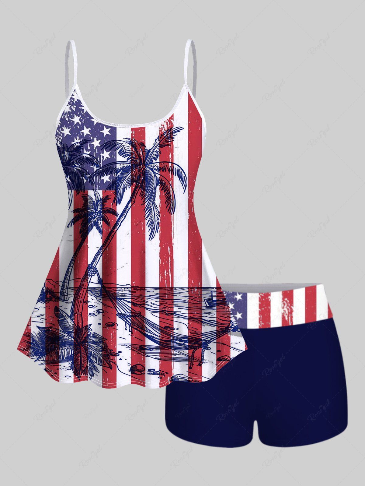 Best Fashion American Flag Coconut Tree Sea Print Boyleg Tankini Swimsuit (Adjustable Shoulder Strap)  