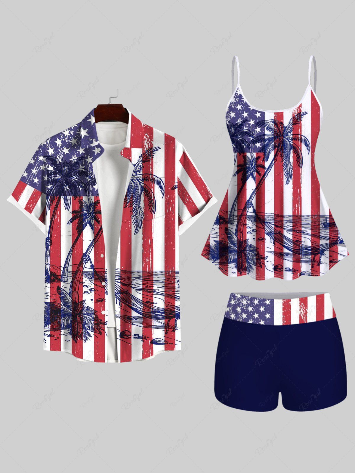 Buy American Flag Coconut Tree Sea Print Boyleg Tankini Swimsuit and Shirt Plus Size Matching Set For Couples  