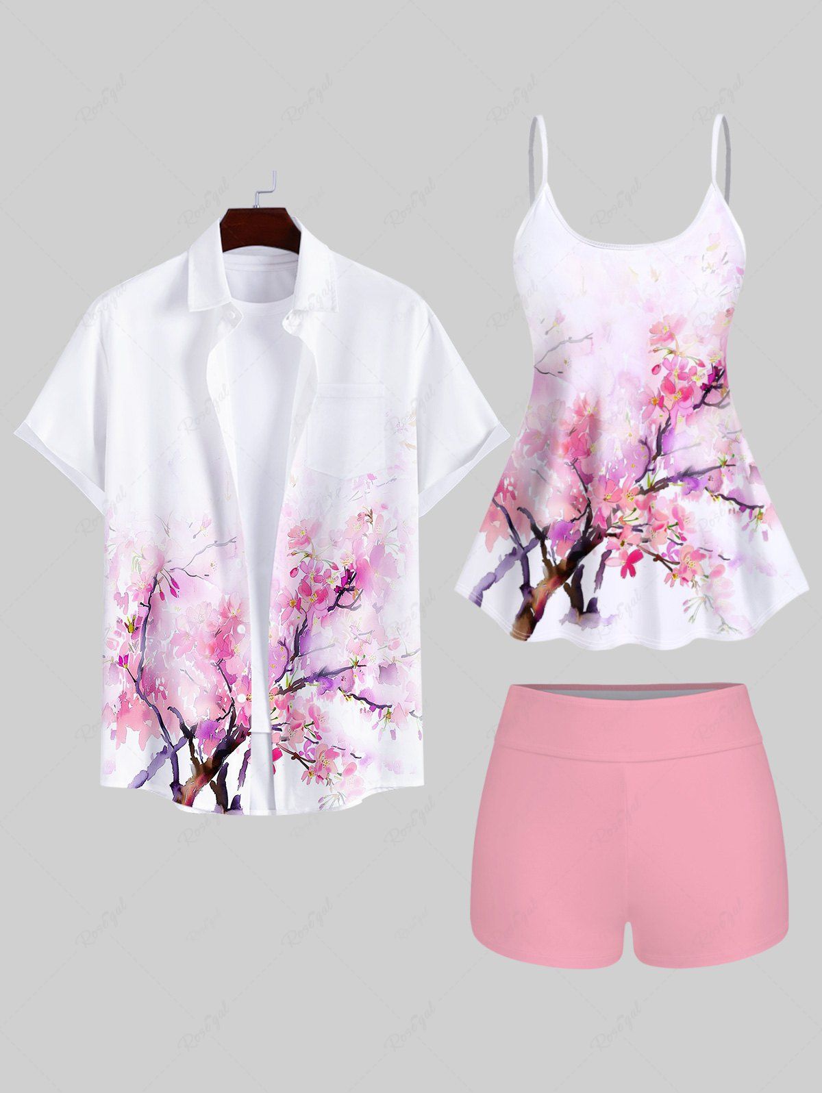 Best Watercolor Peach Blossom Flower Branch Print Boyleg Tankini Swimsuit and Shirts Plus Size Matching Set For Couples  