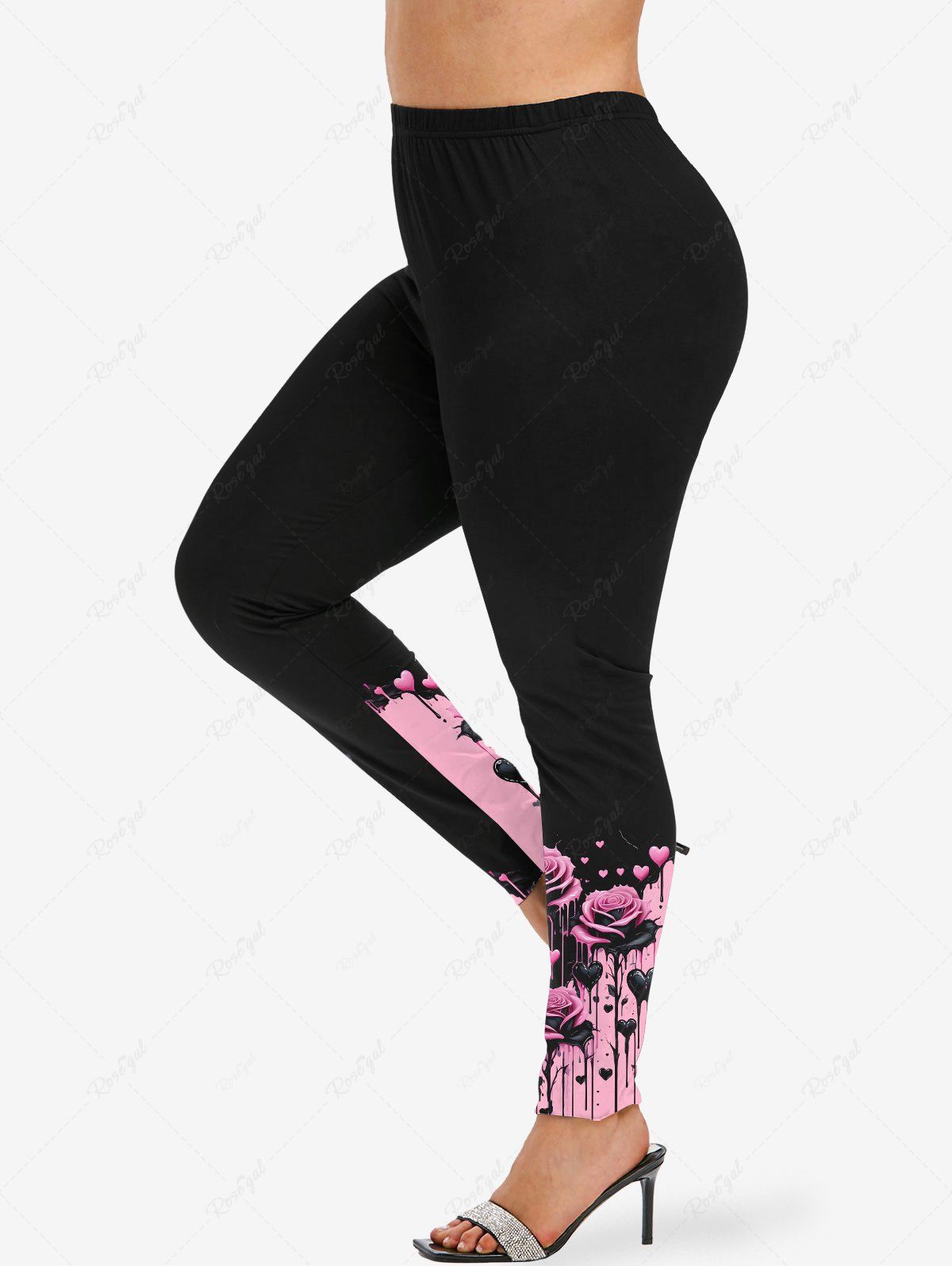 Best Plus Size Rose Flower Heart Paint Drop Blobs Colorblock Print Leggings  