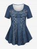 Lace Up Button Pocket Denim 3D Print T-shirt and Leggings Plus Size Matching Set -  