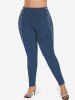 Lace Up Button Pocket Denim 3D Print T-shirt and Leggings Plus Size Matching Set -  