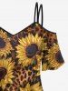 Ensemble de T-shirt Léopard et de Pantalon Evasé à Epaule Dénudée de Grande Taille - café 