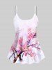 Watercolor Peach Blossom Flower Branch Print Boyleg Tankini Swimsuit and Shirts Plus Size Matching Set For Couples -  