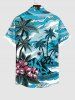 Chemise Imprimé Cocotier et Feuille Floral à Boutons Grande Taille avec Poche - Bleu clair M
