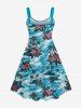 Robe Bretelle Feuille Arbre Noix de Coco et Fleur Imprimés de Grande Taille - Bleu clair 6X