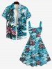 Robe Bretelle Feuille Arbre Noix de Coco et Fleur Imprimés de Grande Taille - Bleu clair 6X