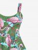 Robe Ligne A Flamant Feuille et Noix de Coco Imprimés sans Dos de Grande Taille - Vert L