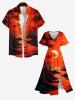 Robe Ligne A Longue Fendue Cocotier et Soleil Imprimés avec Poche de Grande Taille - Rouge XS