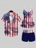 Fashion American Flag Coconut Tree Sea Print Boyleg Tankini Swimsuit (Adjustable Shoulder Strap) -  