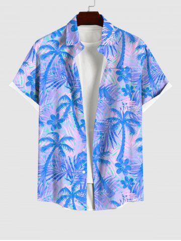 Plus Size Coconut Tree Flowers Print Buttons Pocket Hawaii Shirt For Men - BLUE - L