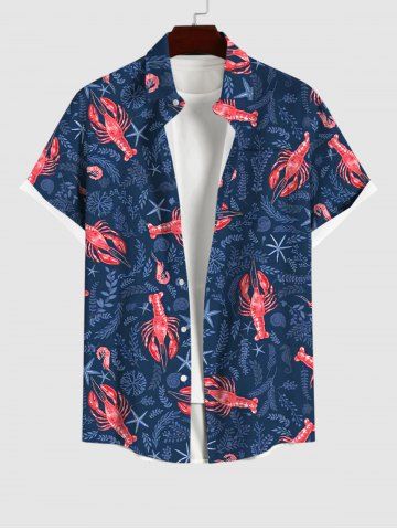 Plus Size Crayfish Starfish Wheat Head Print Hawaii Sea Creatures Button Pocket Shirt For Men - BLUE - L