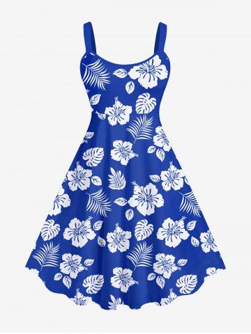 Plus Size Flower Coconut Leaves Print Hawaii Backless A Line Tank Dress - BLUE - 1X