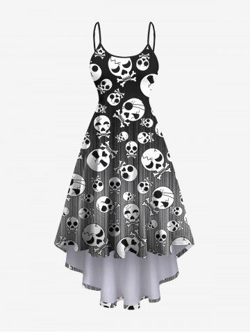 Plus Size Skulls Ink Ombre Light Beam Print High Low Asymmetric A Line Cami Dress - BLACK - 1X