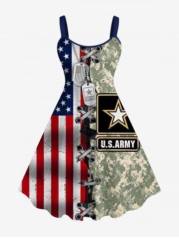 Plus Size American Flag Camouflage 3D Lace Up Print Backless A Line Tank Dress - MULTI-A - 2X