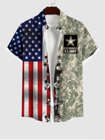 Plus Size American Flag Camouflage 3D Lace Up Print Button Pocket Shirt For Men - MULTI-A - S