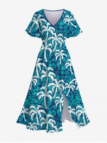 Plus Size Coconut Tree Print Hawaii Split Pocket A Line Dress - GREEN - M