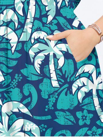 Plus Size Coconut Tree Print Hawaii Split Pocket A Line Dress