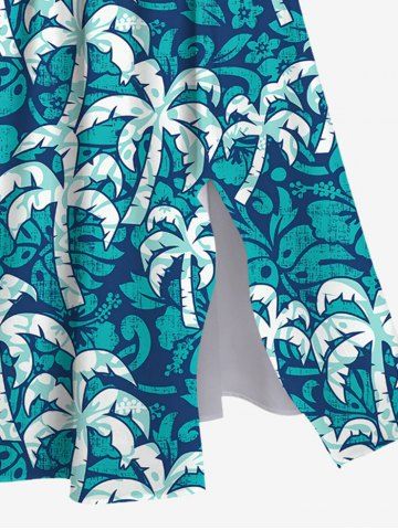 Plus Size Coconut Tree Print Hawaii Split Pocket A Line Dress