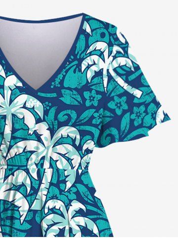 Plus Size Coconut Tree Print Hawaii Split Pocket A Line Dress