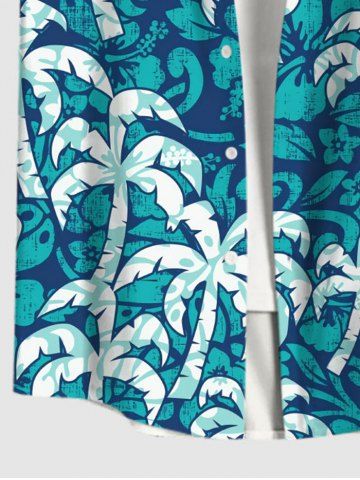 Plus Size Coconut Tree Print Hawaii Button Pocket Shirt For Men