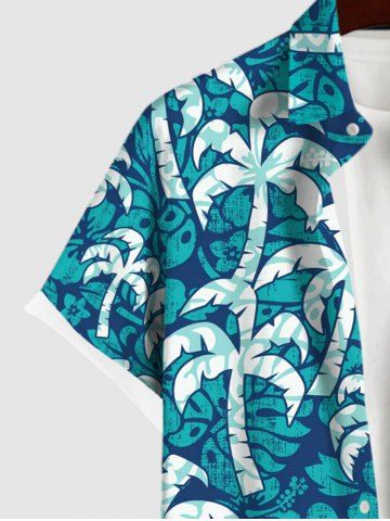 Plus Size Coconut Tree Print Hawaii Button Pocket Shirt For Men