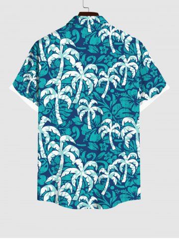 Plus Size Coconut Tree Print Hawaii Button Pocket Shirt For Men