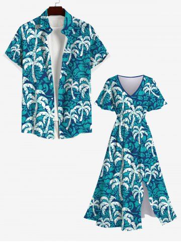 Coconut Tree Print Plus Size Matching Hawaii Beach Outfit For Couples - GREEN