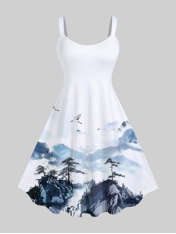 Plus Size Ink Painting Crane Mountain Print Backless A Line Tank Dress