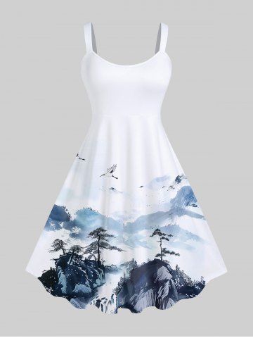 Plus Size Ink Painting Crane Mountain Print Backless A Line Tank Dress - WHITE - 2X