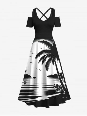 Plus Size Ink Painting Coconut Tree Sun Sea Bird Print Crisscross Cold Shoulder Hawaii Dress - BLACK - S