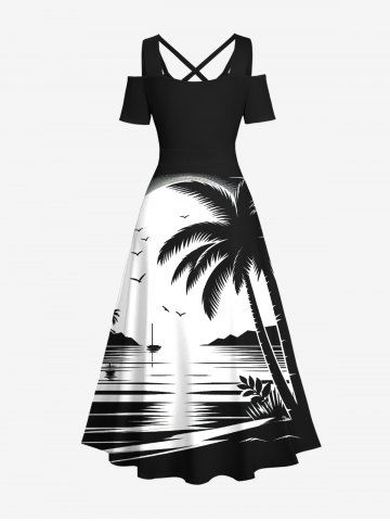 Plus Size Ink Painting Coconut Tree Sun Sea Bird Print Crisscross Cold Shoulder Hawaii Dress