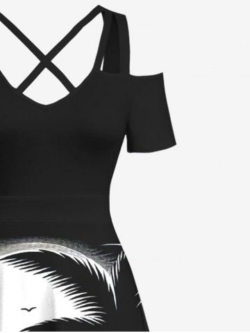 Plus Size Ink Painting Coconut Tree Sun Sea Bird Print Crisscross Cold Shoulder Hawaii Dress